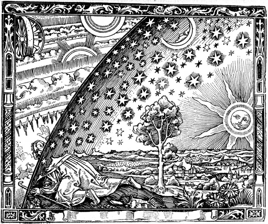 a tree, hills, a city in the distance, the sun with a face, covered by a dome with stars on the surface, and a crescent moon with a face. A crawling person with a robe and traveling stick puts their head and hand outside the dome into a space with layers of fire, clouds, wheels, and other circles. The side borders are adorned columns, the bottom border is an open book, the top border has beasts.