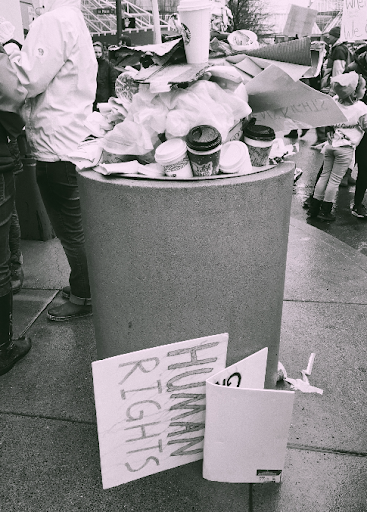 photo of an overflowing trash can with a sign resting on it that reads HUMAN RIGHTS