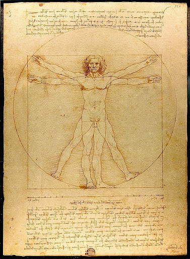 drawing, ink on paper, depicts a man in two superimposed positions with his arms and legs apart and inscribed in a circle and square with notes above and below