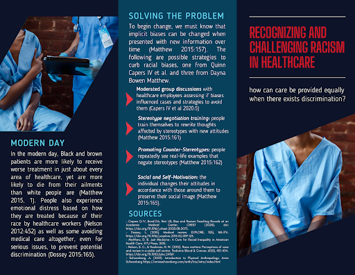 3 panel outside of brochure on Medical Racism, shows people interacting and waiting in blue scrubs and text about: Modern Day, Solving the Problem, Sources, Recognizing and Challenging Racism in Healthcare